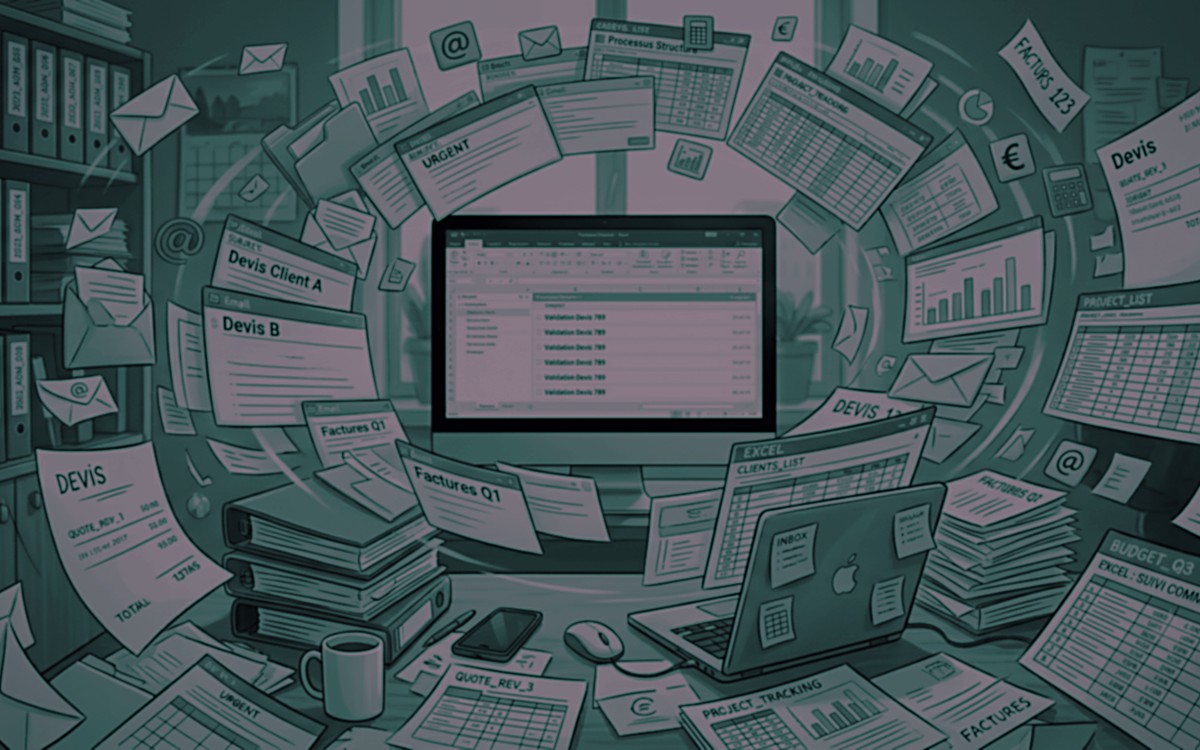 Illustration du chaos administratif avant Hiretrack NX : mails, devis et Excel qui s'accumulent