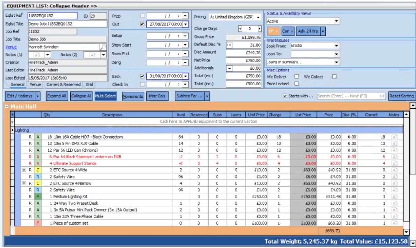 Interface Hiretrack NX (liste d'équipement d'un job)