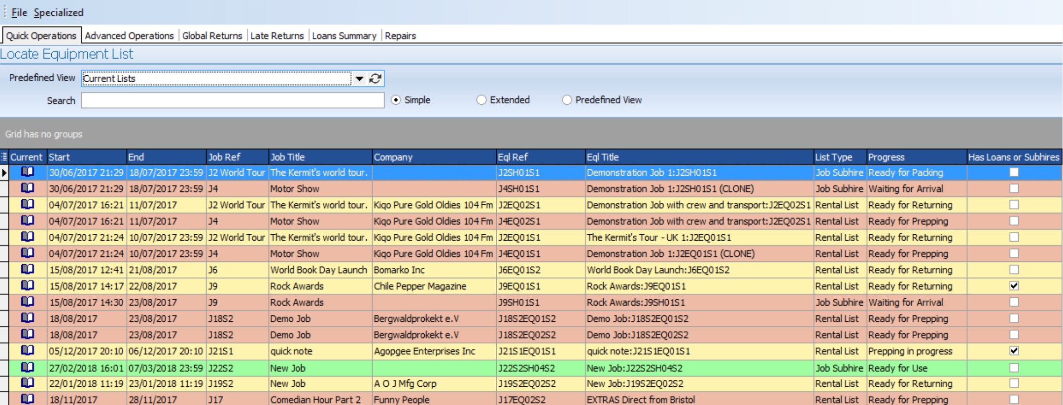 Interface Hiretrack NX (liste des jobs)
